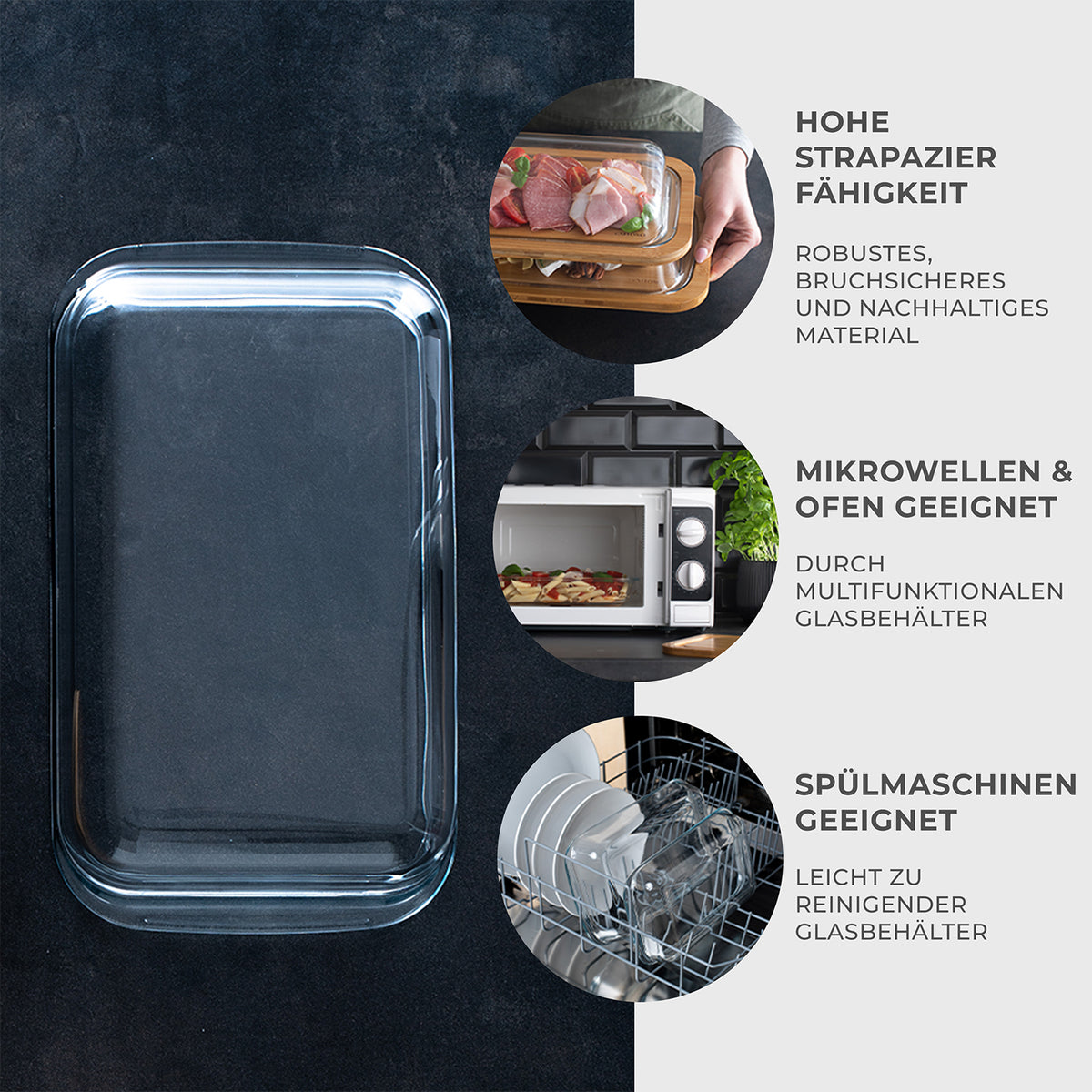 Multifunktionsbrett mit Glaskuppel - 2er Set, stapelbare, robuste Glas-Frischhalteboxen mit Bambusdeckel, mikrowellen- und spülmaschinengeeignet.