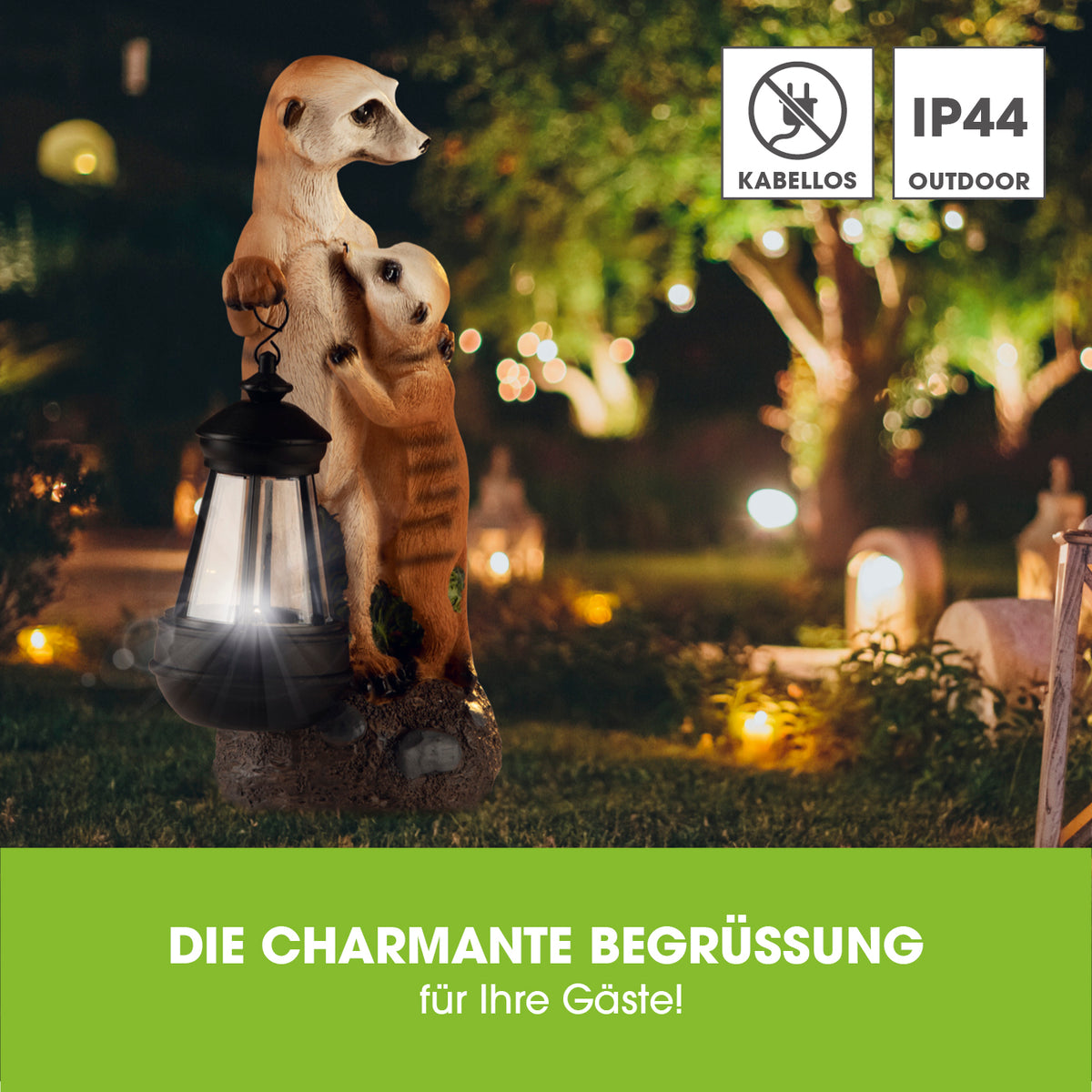 Solar-Erdmännchen-Familie handbemalte Solarleuchte mit Tageslichtsensor, kabellos, bis zu 8 Stunden Leuchtdauer, Outdoor IP44.