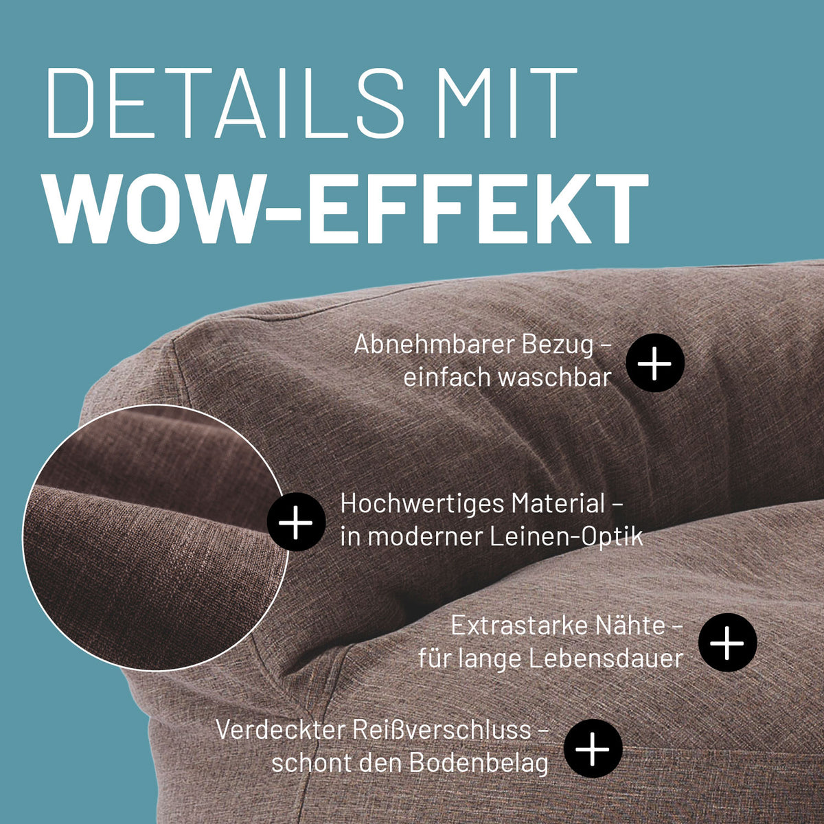 Interior Line Sitzsack-Lounge (320 L) Braun mit abnehmbarem Bezug, Leinen-Optik und extra starken Nähten für langlebigen Komfort.
