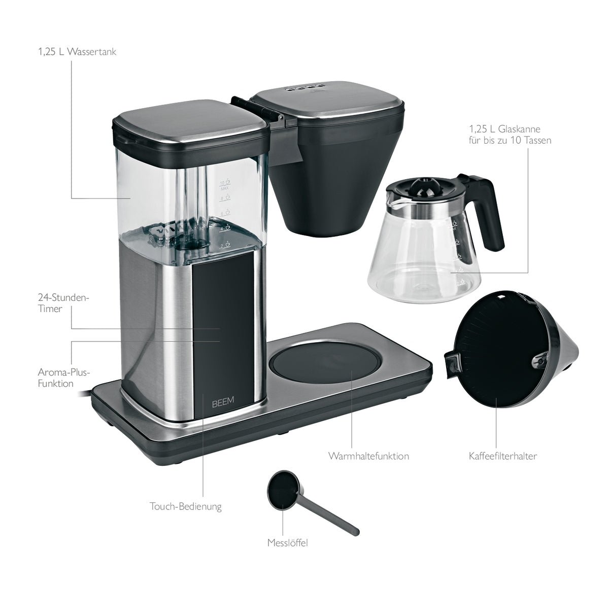 DIRECT-BREW Filterkaffeemaschine - Glas mit Aroma-Plus-Funktion, 1,25 l Glaskanne, Touch-Display und Schnell-Brüh-Methode.