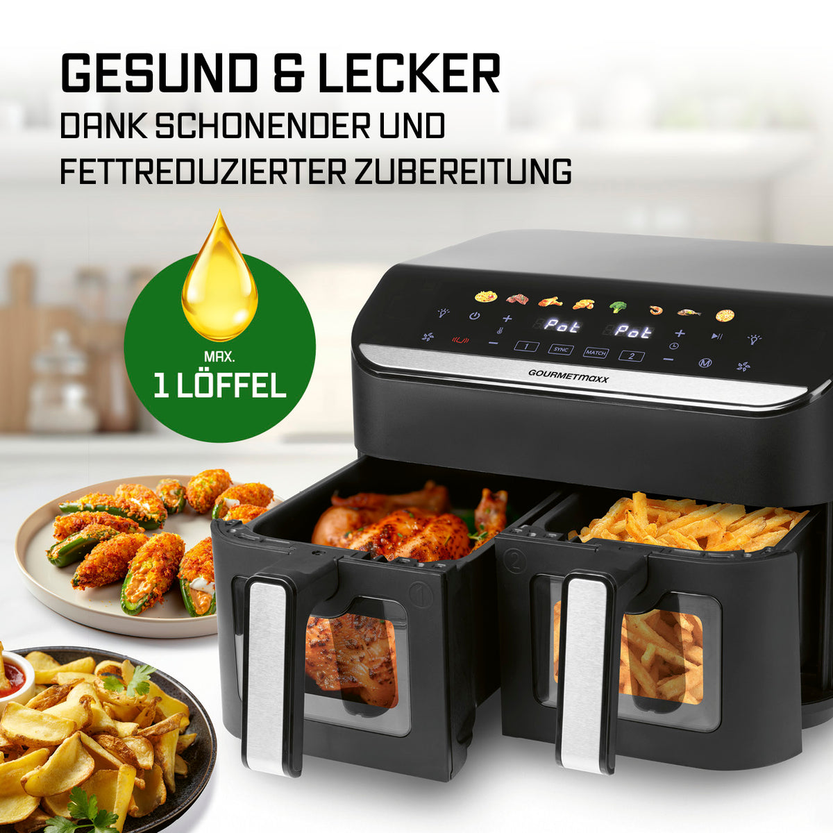 Doppelkammer-Heißluftfritteuse - 9 Liter mit 2 Fächern, fettarmer Zubereitung und Touchscreen für knusprige Gerichte.