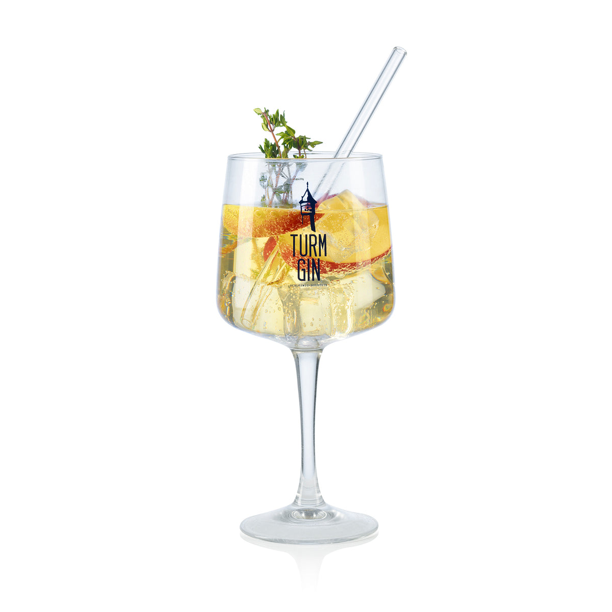 Copa Glas mit Logo und Schriftzug - 720 ml - 2er-Set, großes Stilglas im TURM GIN Design für Gin und Cocktails, spülmaschinengeeignet.