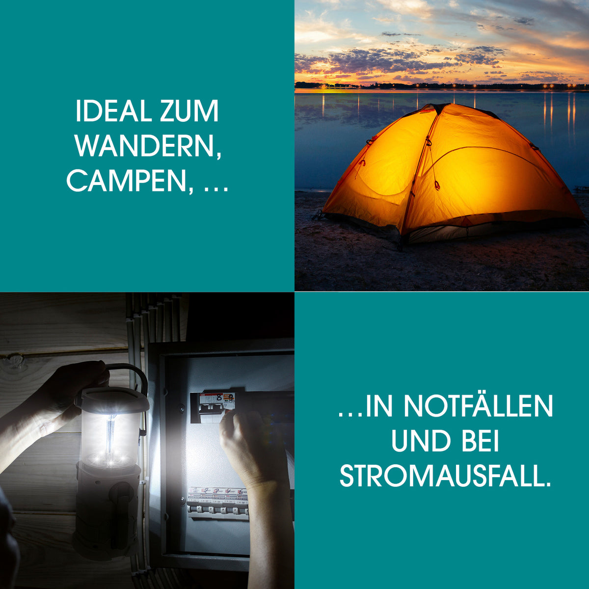 Akku-Lampe mit Radio – Solarladen, Kurbel und USB, ideal für Camping, Notfälle und Stromausfall mit 5 LED und FM-Radio.