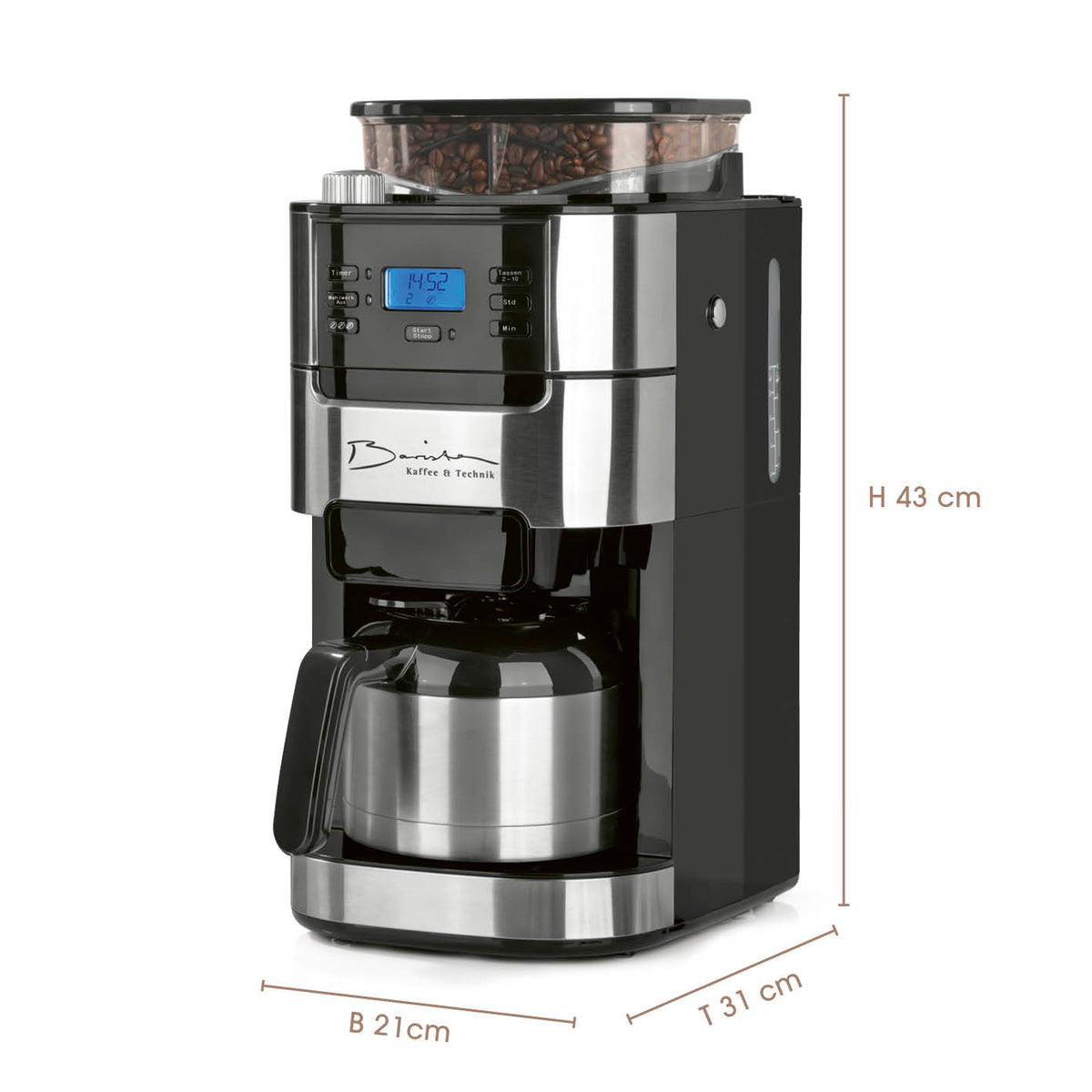 Kaffeemaschine mit Mahlwerk mit Isolierkanne - 1000 Watt, Edelstahl/schwarz, mit digitalem Display und 24-Stunden-Timer.