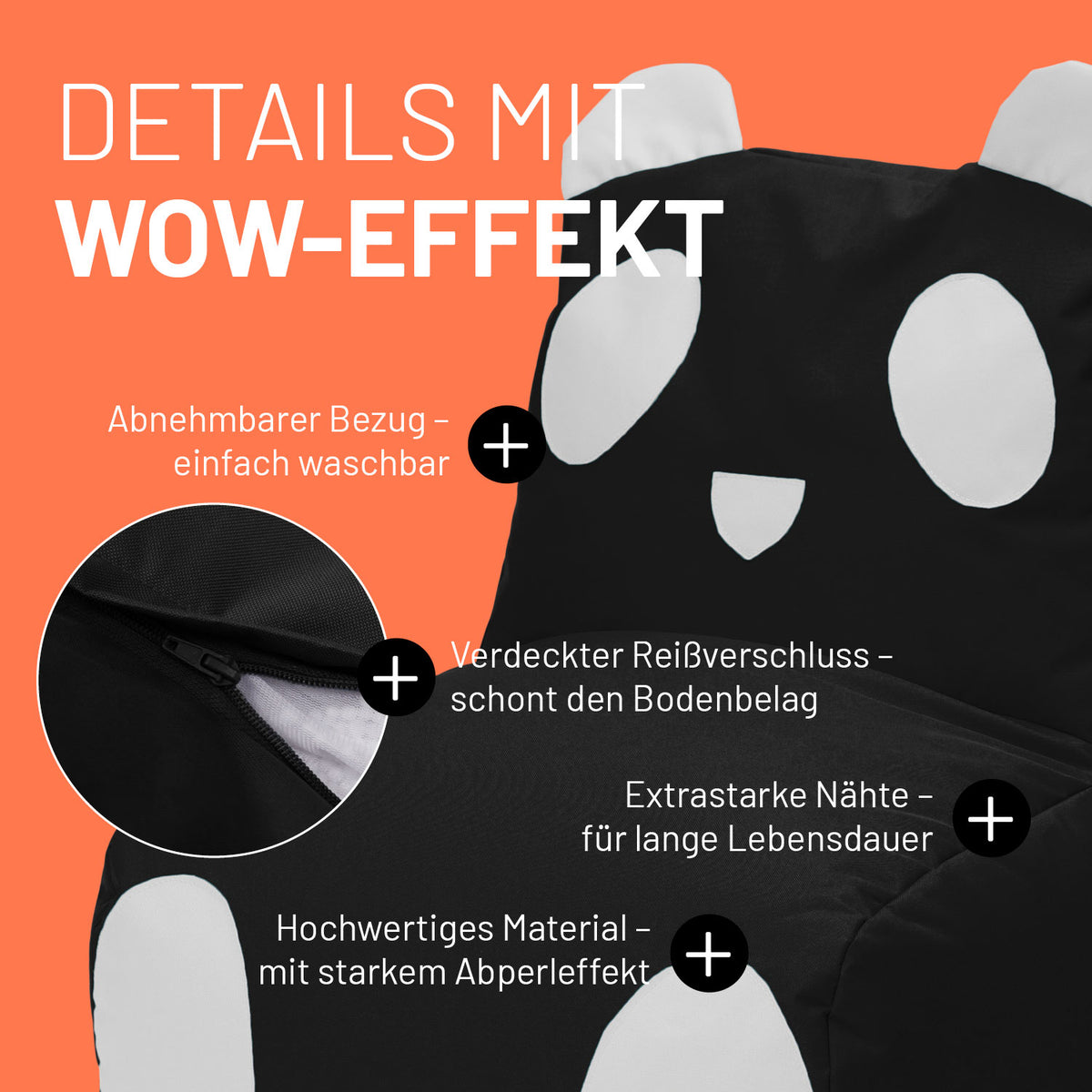 Kindersitzsack Animal Line Panda (180 L) mit abnehmbarem Bezug, verdecktem Reißverschluss und wasserabweisendem, robustem Material.