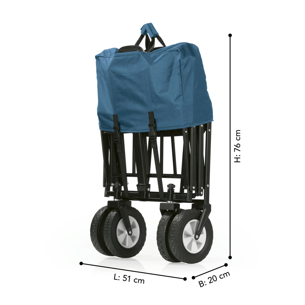 Bollerwagen faltbar - blau/grau mit stabilem Stahlrohrrahmen, wetterfestem Bezug, 360° drehbaren Rädern und Teleskopgriff, 80 kg Tragfähigkeit.