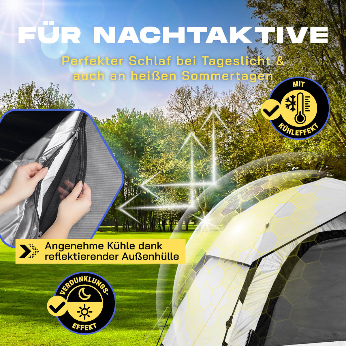 Pop-up-Wurfzelt für 4 Personen mit Kühleffekt - weiß/schwarz mit reflektierender Außenhülle für kühlen Schlaf bei Tageslicht und Hitze