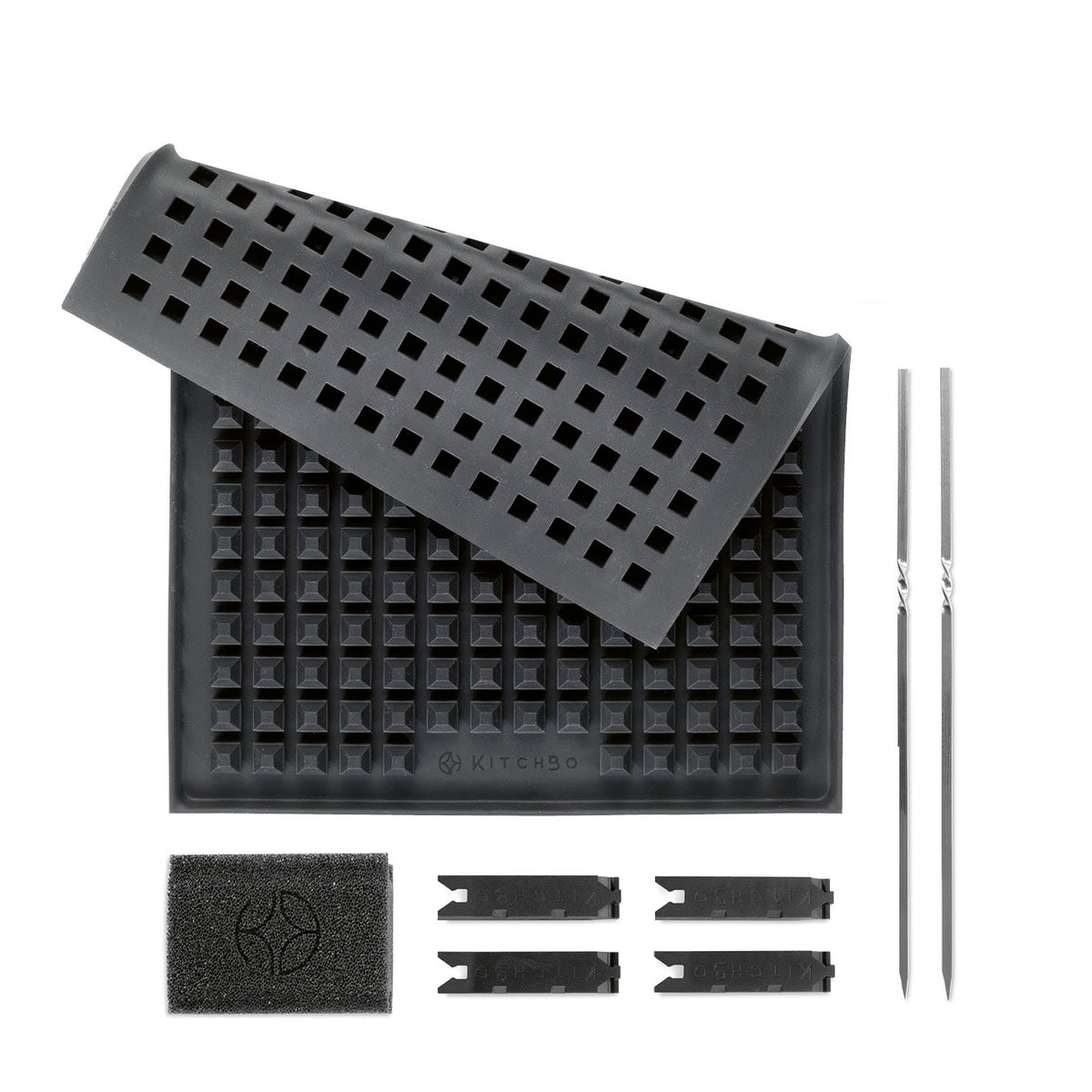 Starter Set - Silikon-Backmatte mit 2 Spießen, 4 Steinen und Schwamm für fettarmes, krosses Backen und vielseitige Nutzung.