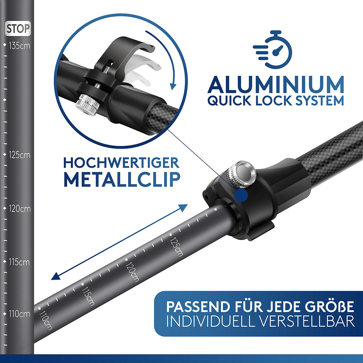 Teleskop Wanderstöcke mit Gummipuffer Set - Carbon mit Aluminium Quick Lock System, Metallclip und stufenlos verstellbarer Länge von 65 bis 135 cm