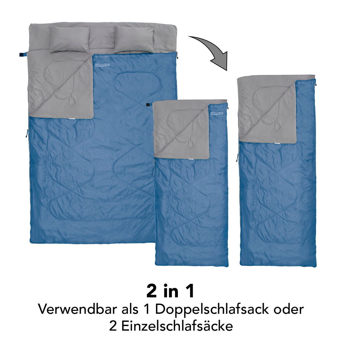 Doppelschlafsack mit Tragetasche - 2-Personen Schlafsack in Royalblau, wandelbar als Doppel- oder Einzelschlafsack.