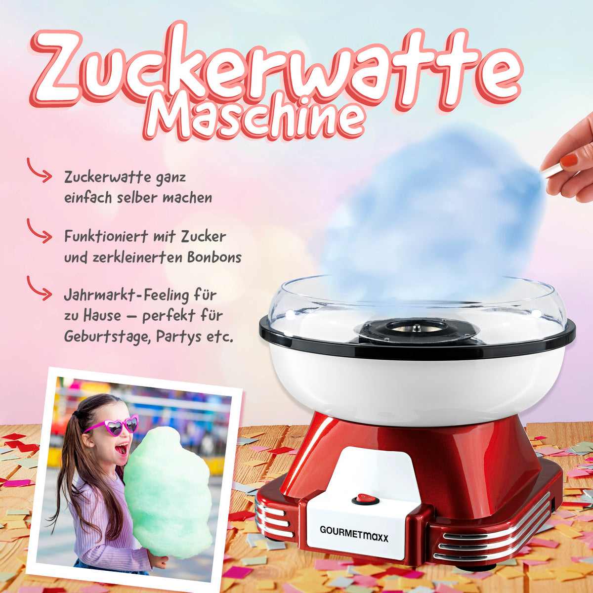 Zuckerwatte-Maschine - rot/weiß im Retro-Design mit abnehmbarer Schüssel und transparentem Spritzschutz für Zuckerwatte und Bonbons.