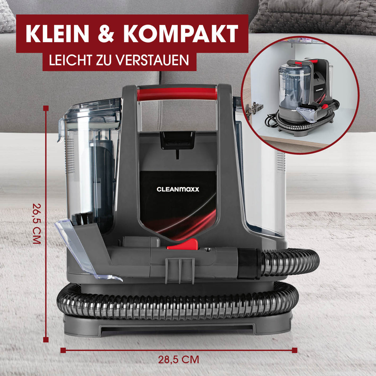 Polster- & Teppichreiniger CLEANmaxx handlicher Waschsauger mit Dual-Tank, Bürstendüse, kompakt und leicht verstaubar für gründliche Reinigung.