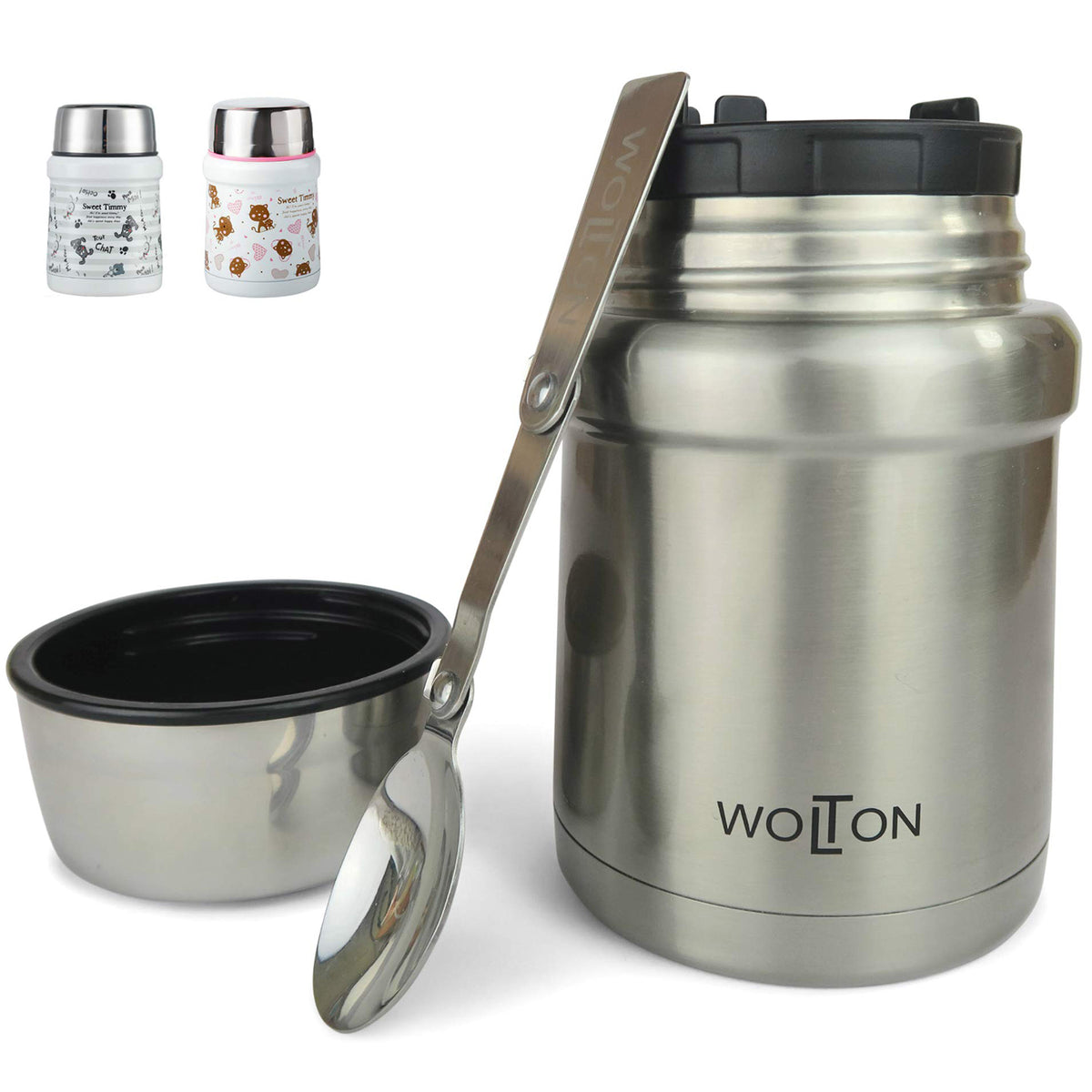 Thermobehälter - 450 ml - Edelstahl - Grau, doppelwandig, auslaufsicher, mit Löffel und Deckel als Schüssel für warme und kalte Speisen.