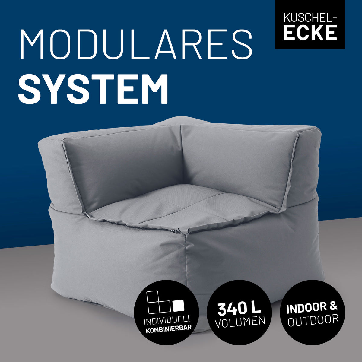 Sitzsack-Sofa Ecke (340 L) graues, modulares System, indoor & outdoor, mit extrastarkem Material und verdeckten Reißverschlüssen.