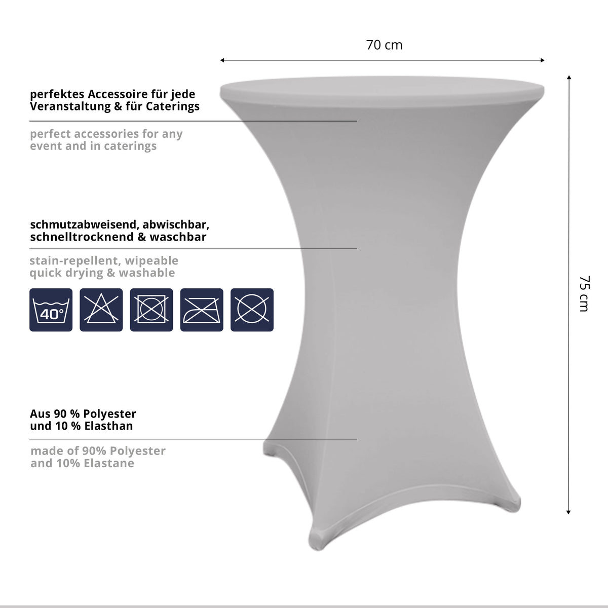 Stehtischhusse Ø 70-75 cm Silbergrau 2er-Set, schmutzabweisend, abwischbar, schnell trocknend, perfekte Passform, waschbar bei 40°C