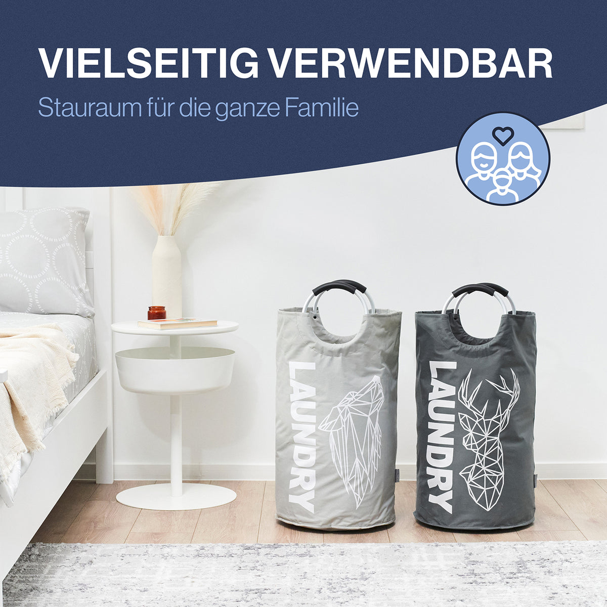 Faltbarer Wäschekorb - 2er-Set - Motiv Wolf & Hirsch, wasserabweisend, faltbar, robust mit Henkel, ideal für Wäsche und Aufbewahrung.
