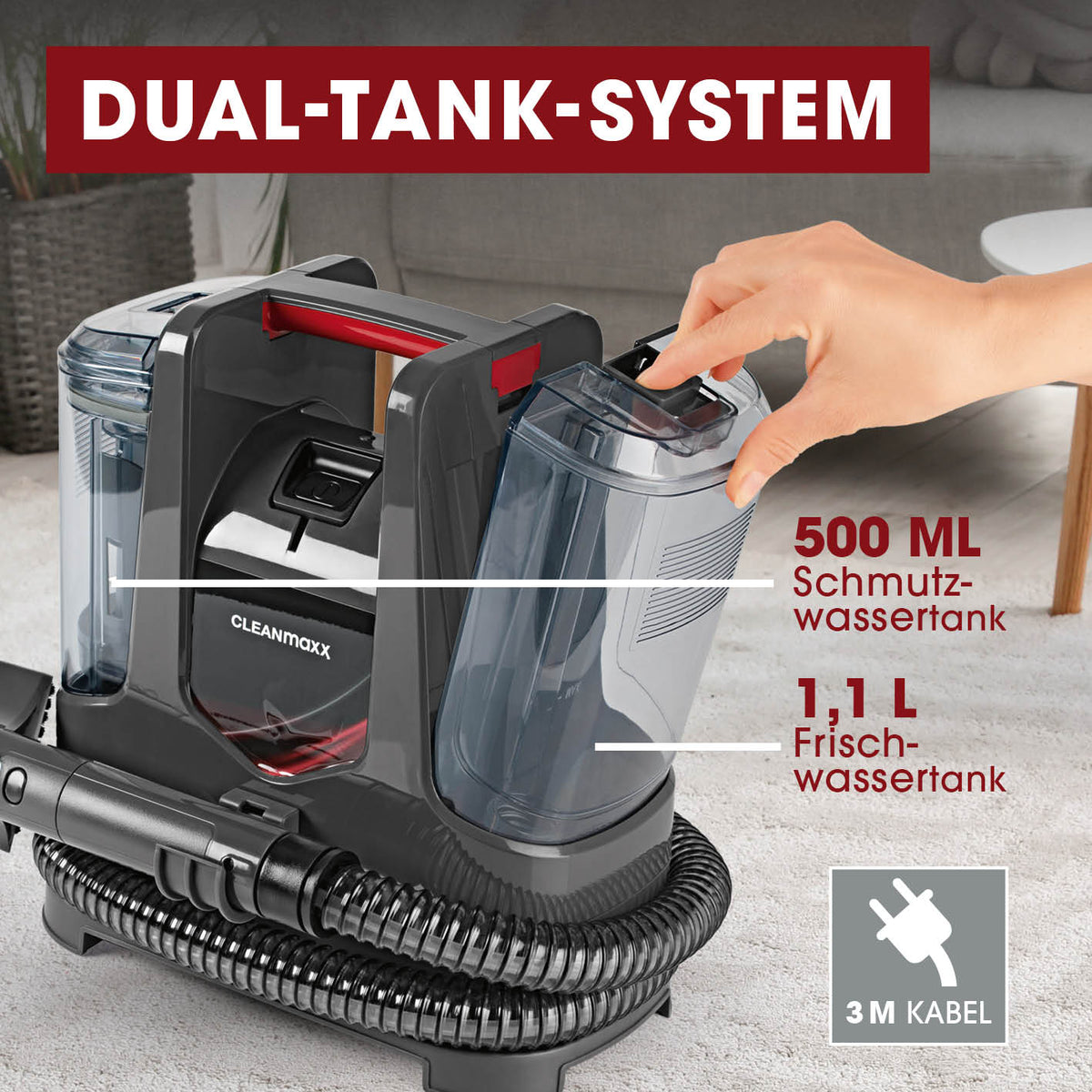 Polster- & Teppichreiniger mit Dual-Tank-System, 500 ml Schmutzwassertank und 1,1 L Frischwassertank von CLEANmaxx.