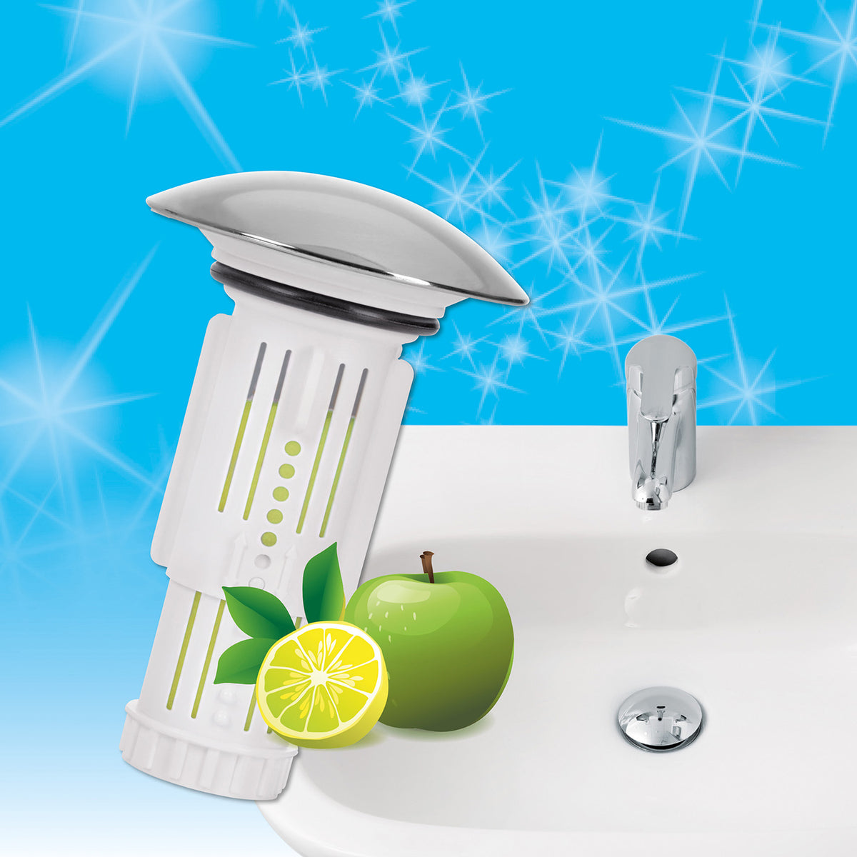 Abfluss-Fee Waschbecken Verschlussstopfen & Duftstein Zitrone/Apfel ersetzt Stopfen, reinigt Abfluss und verhindert Gerüche und Verstopfungen.