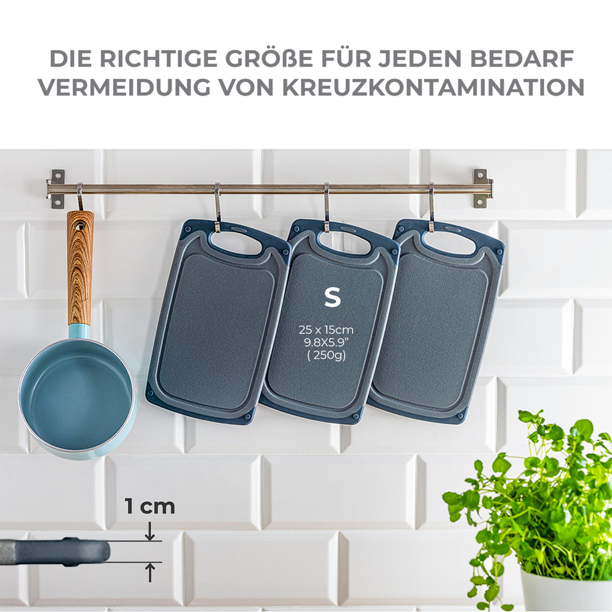 Frühstücksbrettchen - 6er-Set - Grau, rutschfest, spülmaschinengeeignet, BPA-frei, praktische Kunststoffbretter mit Griff zum Aufhängen.