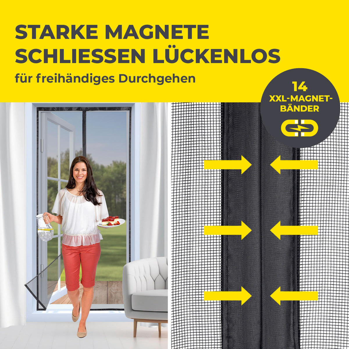 Insektenschutzvorhang mit eingenähten XXL-Magnetbändern - 100 x 210 cm - Schwarz mit 14 Magnetbändern für lückenlosen Schutz.