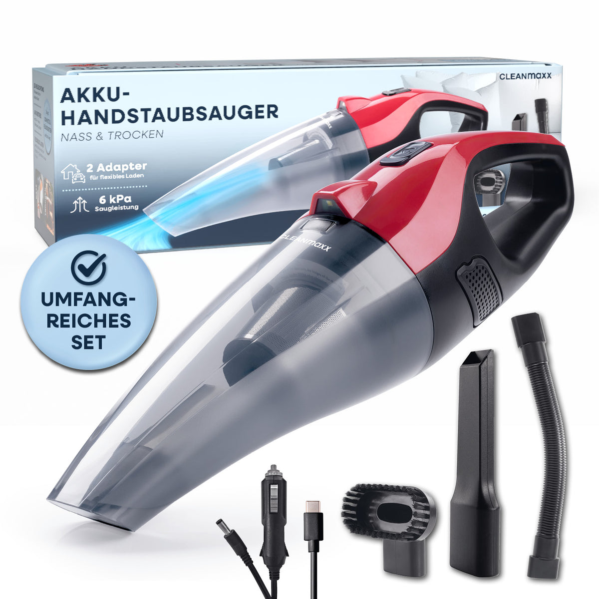 Akku-Handstaubsauger nass und trocken, kabellos, mit 6 kPa Saugleistung, LED-Licht und umfangreichem Zubehörset.