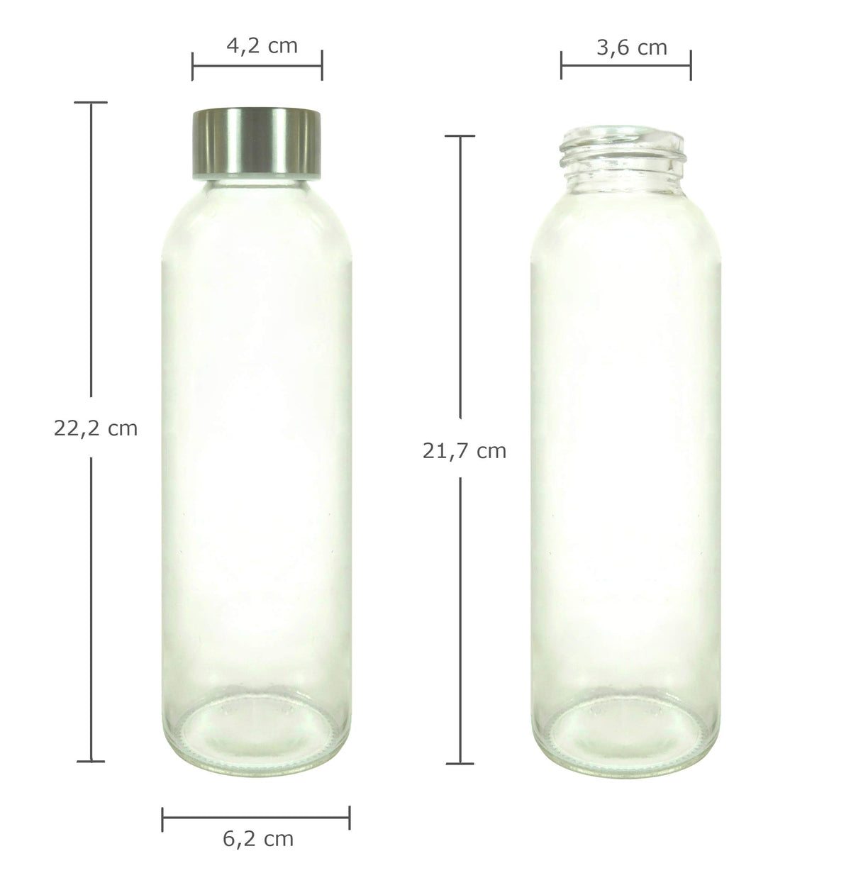 Glasflaschen-Set - 6 Stück à 500 ml, transparente stabile Flaschen mit Edelstahl Deckel und Maßen für heiße und kalte Getränke.