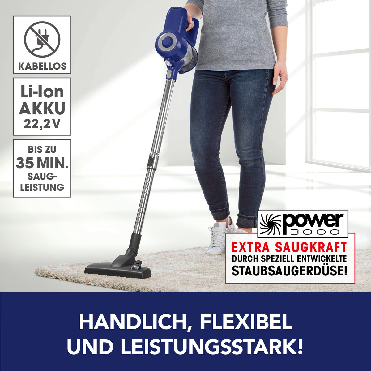 Akku-Zyklon-Staubsauger - blau/silber kabellos mit Li-Ion Akku, 35 Min Laufzeit, verstellbarem Teleskoprohr und extra Saugkraft Staubsaugerdüse.
