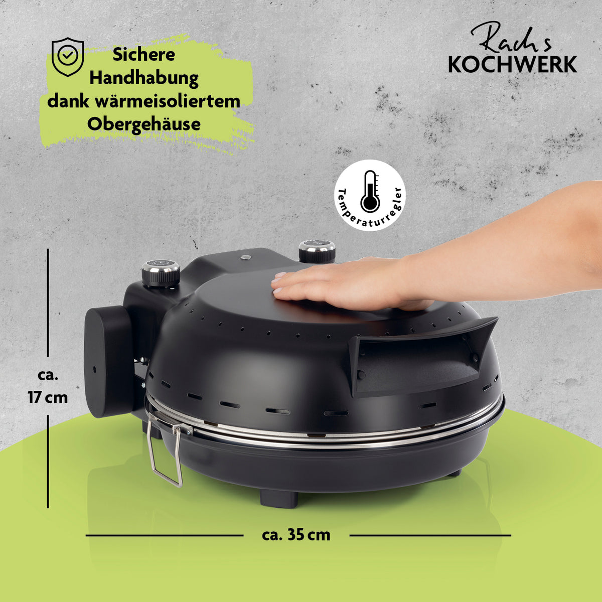 Pizza Maker mit Temperatureinstellung inkl. herausnehmbarem Pizzastein – kompakter, schwarzer elektrischer Ofen mit wärmeisoliertem Gehäuse.