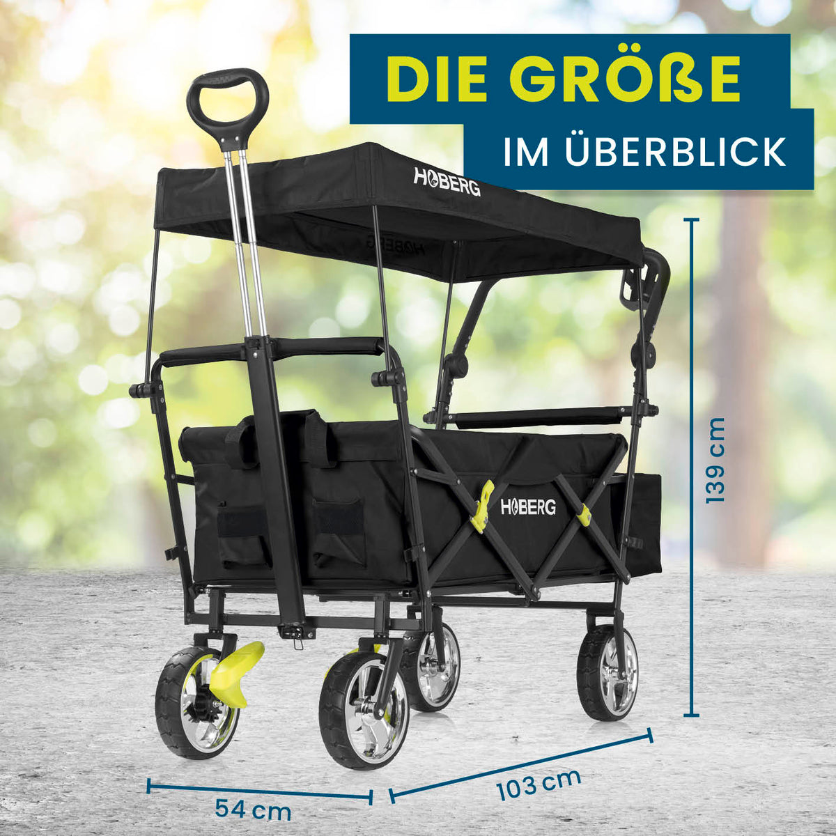 Faltbarer Bollerwagen - Schwarz, faltbar, robust, mit Dach, 360°-Vorderräder, verstellbarer Griff, Maße 139x54x103 cm, HOBERG Markenqualität.