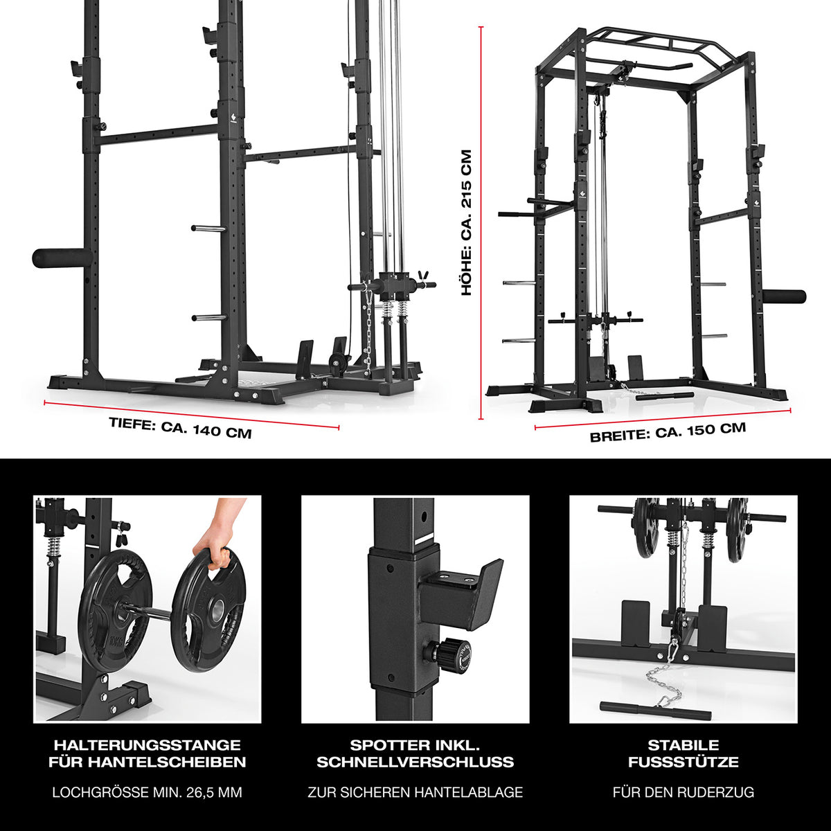 Power Rack mit Latzug, Kabelzug, Klimmzugstange, 28-fach verstellbar, Safety Bars und Ablage für Hantelscheiben.
