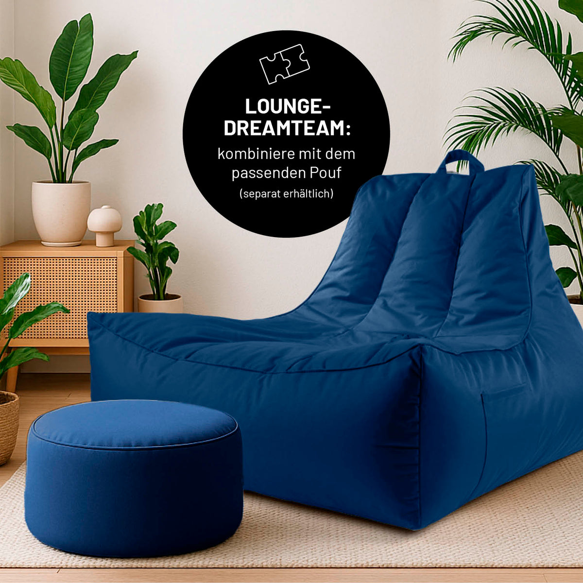 Premium Lounge-Sessel - 380 L - 100 x 100 x 80 cm - Navyblau mit weicher EPS-Füllung und praktischem Getränkehalter für drinnen und draußen.