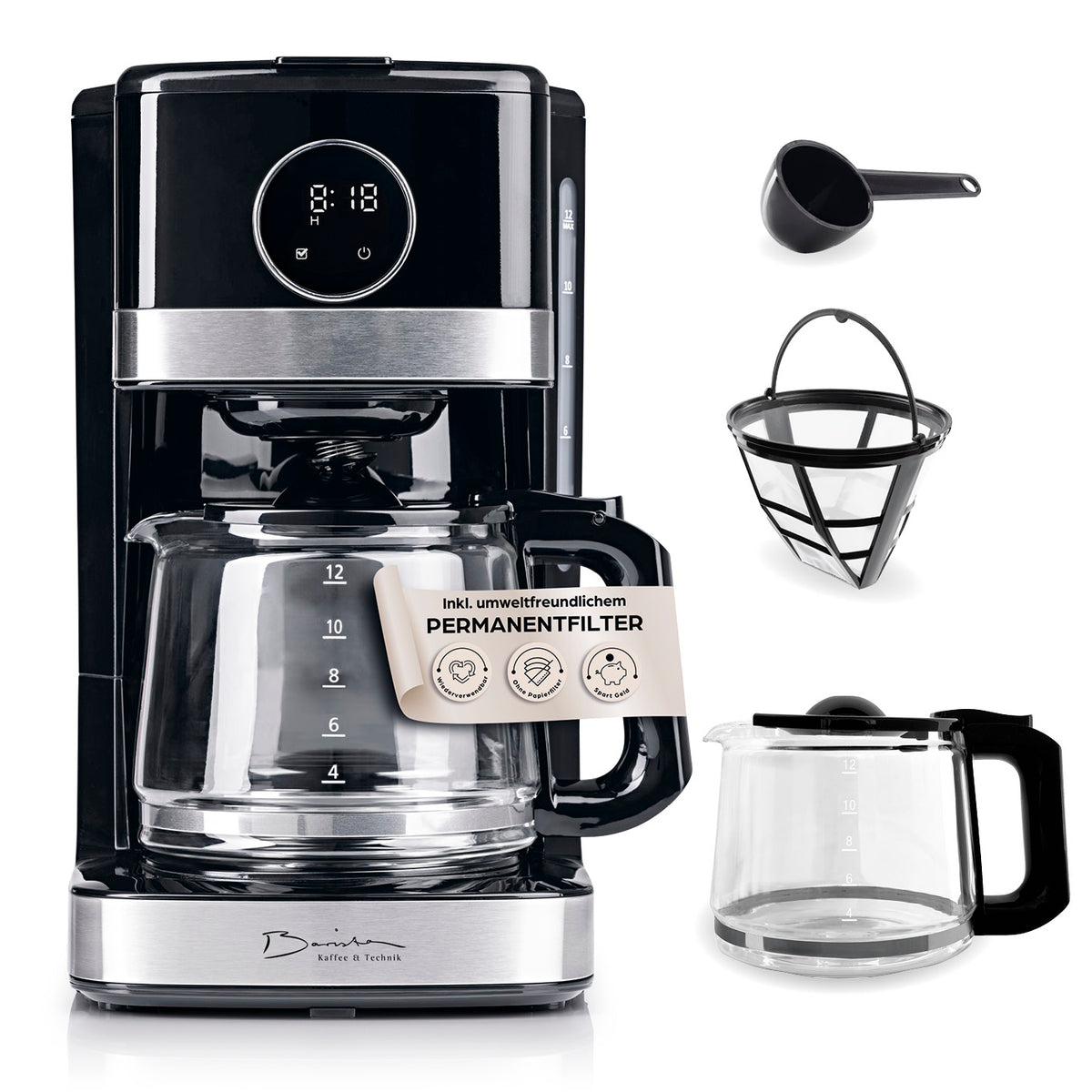 Filterkaffeemaschine Touch mit digitalem LED-Touchdisplay, großem Wassertank und umweltfreundlichem Permanentfilter.