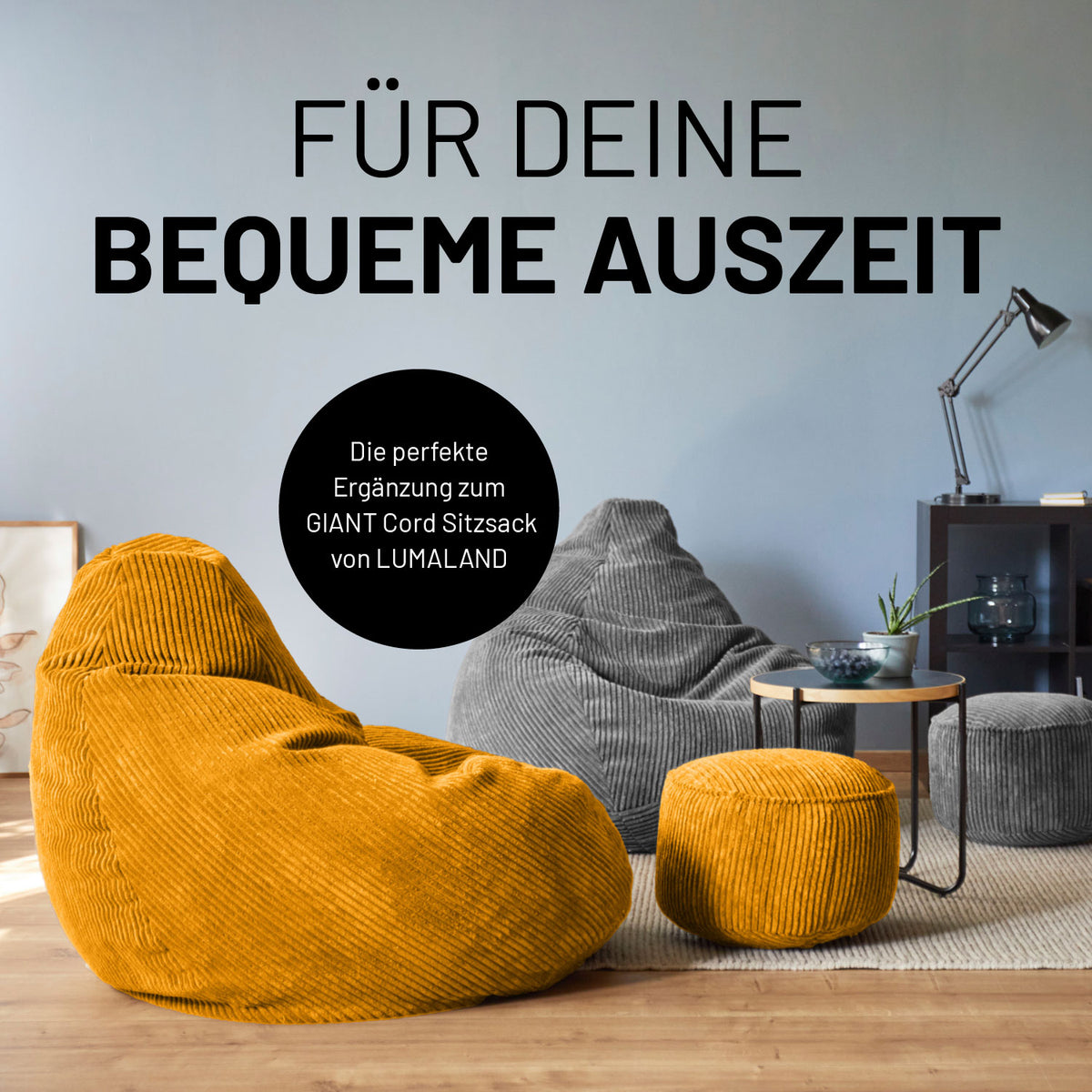 Sitzsack Pouf aus der Cord-Reihe - Senfgelb im Vintage-Look als Hocker und Ablage für gemütliche Wohnräume.