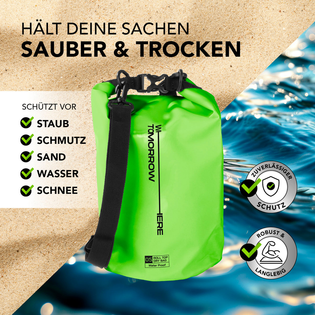 Dry Bag 5L - Style 02 - Grün, wasserdichter und robuster Outdoor-Rucksack mit Rolltop-Verschluss zum Schutz vor Wasser, Sand, Staub und Schnee.