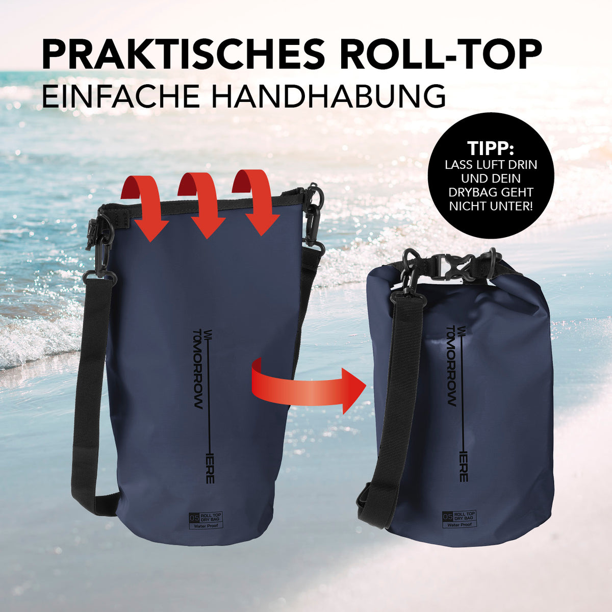 Dry Bag 5L - Style 02 - Dunkelblau mit praktischem wasserdichtem Rolltop-Verschluss für sicheren Schutz bei Outdoor-Abenteuern.