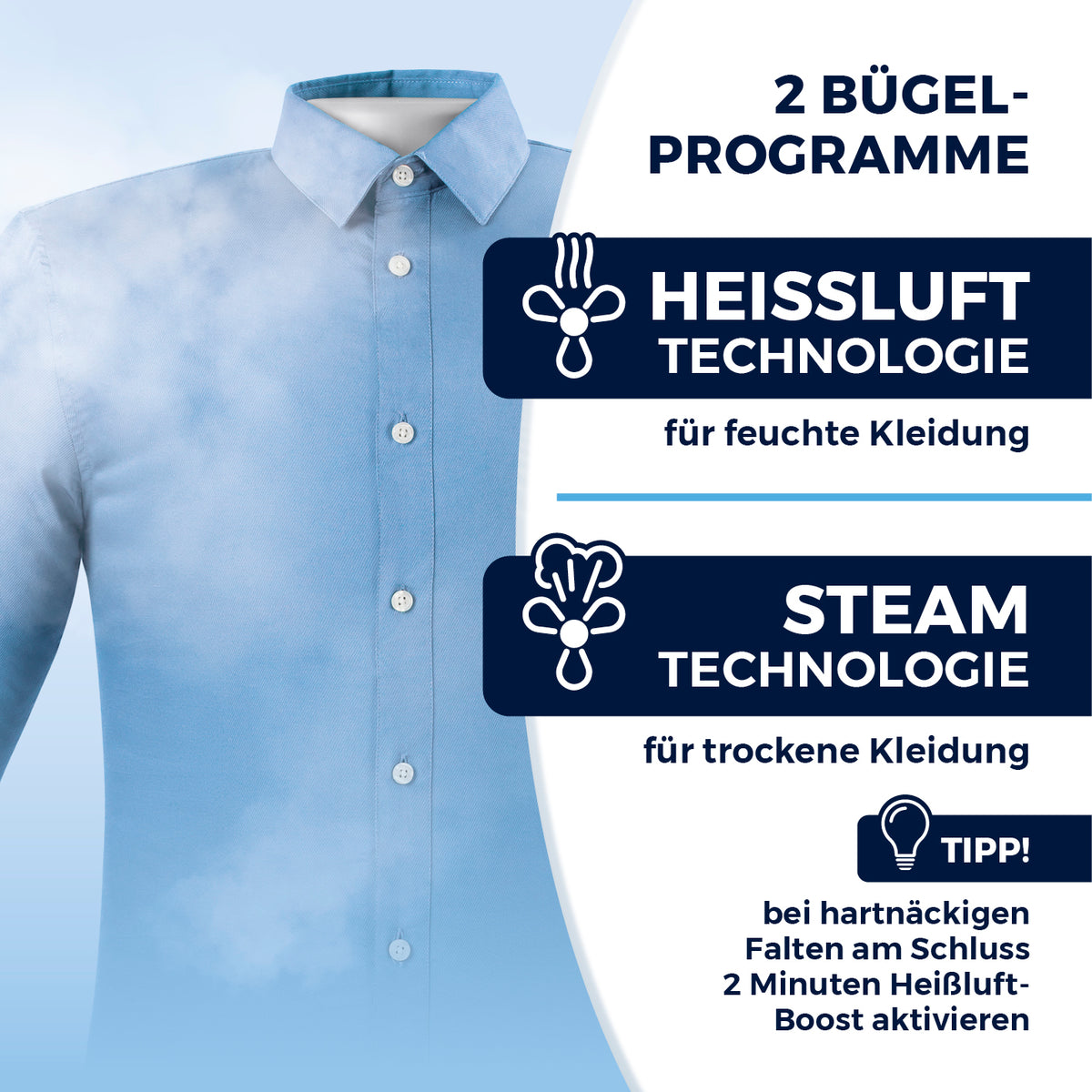 Hemdenbügler PRO STEAM - Schwarz mit Heißluft- und Steam-Technologie für effizientes Trocknen und Bügeln feuchter und trockener Kleidung.