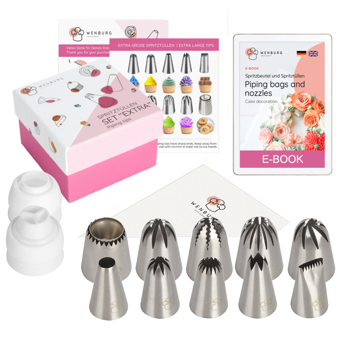 Spritzbeutel-Set mit Tüllen - 24-tlg. mit Edelstahl-Tüllen, Einwegspritzbeuteln, Adaptern und E-Book zum Dekorieren von Kuchen.