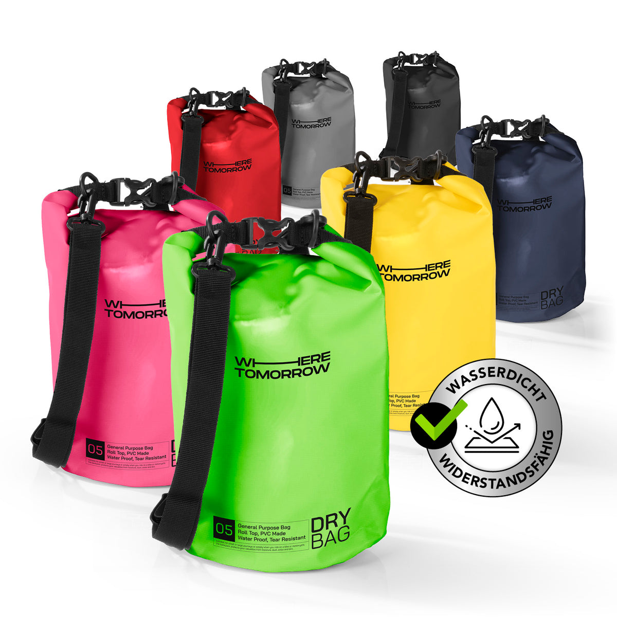 Dry Bag 5L - Style 01 - Grün wasserdichter, robuster Outdoor-Rucksack mit verstellbarem Schultergurt und Rolltop-Verschluss.