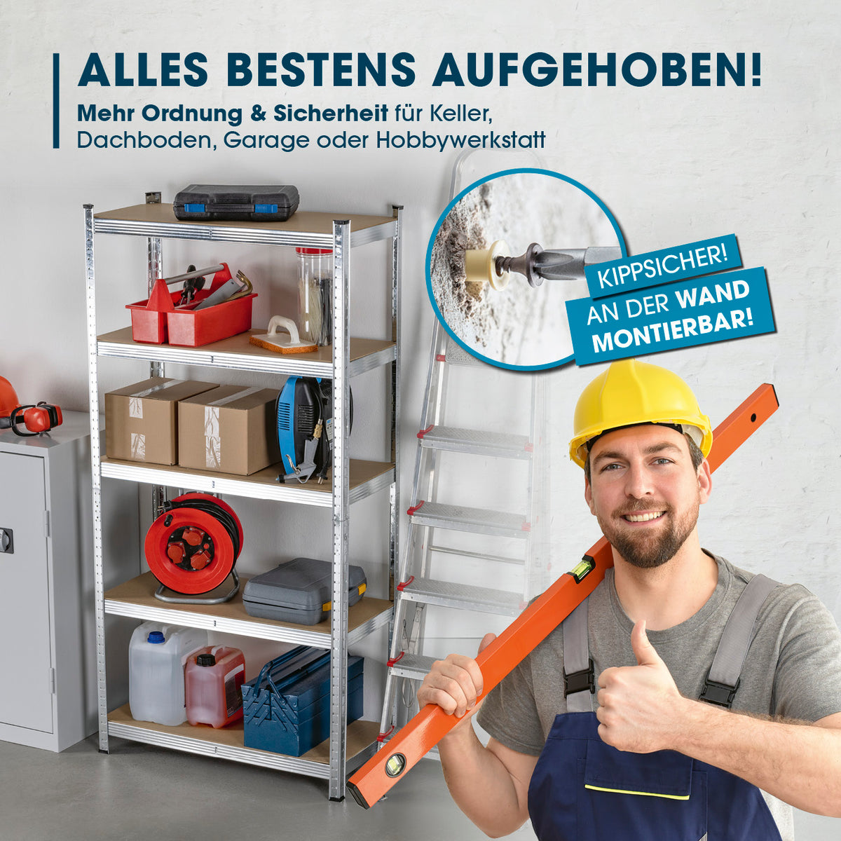 Schwerlastregal & Werkbank mit GS, 5 MDF-Holzböden, bis 175 kg Tragkraft, 180x90x40 cm, stabil, ideal für Garage und Werkstatt.
