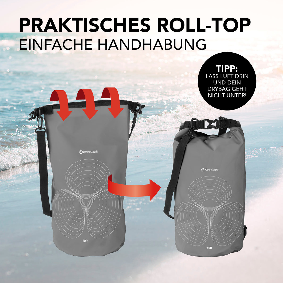 Dry Bag 10L - Grau mit praktischem Rolltop-Verschluss, wasserdicht und robust, ideal für Outdoor-Abenteuer und Wassersport.