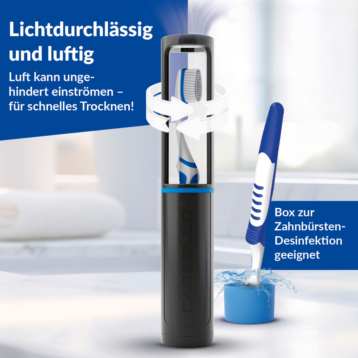 Capsello Zahnbürstenbox schwarz mit lichtdurchlässigem Design für gute Belüftung und schnelle Trocknung, auch zur Desinfektion geeignet.