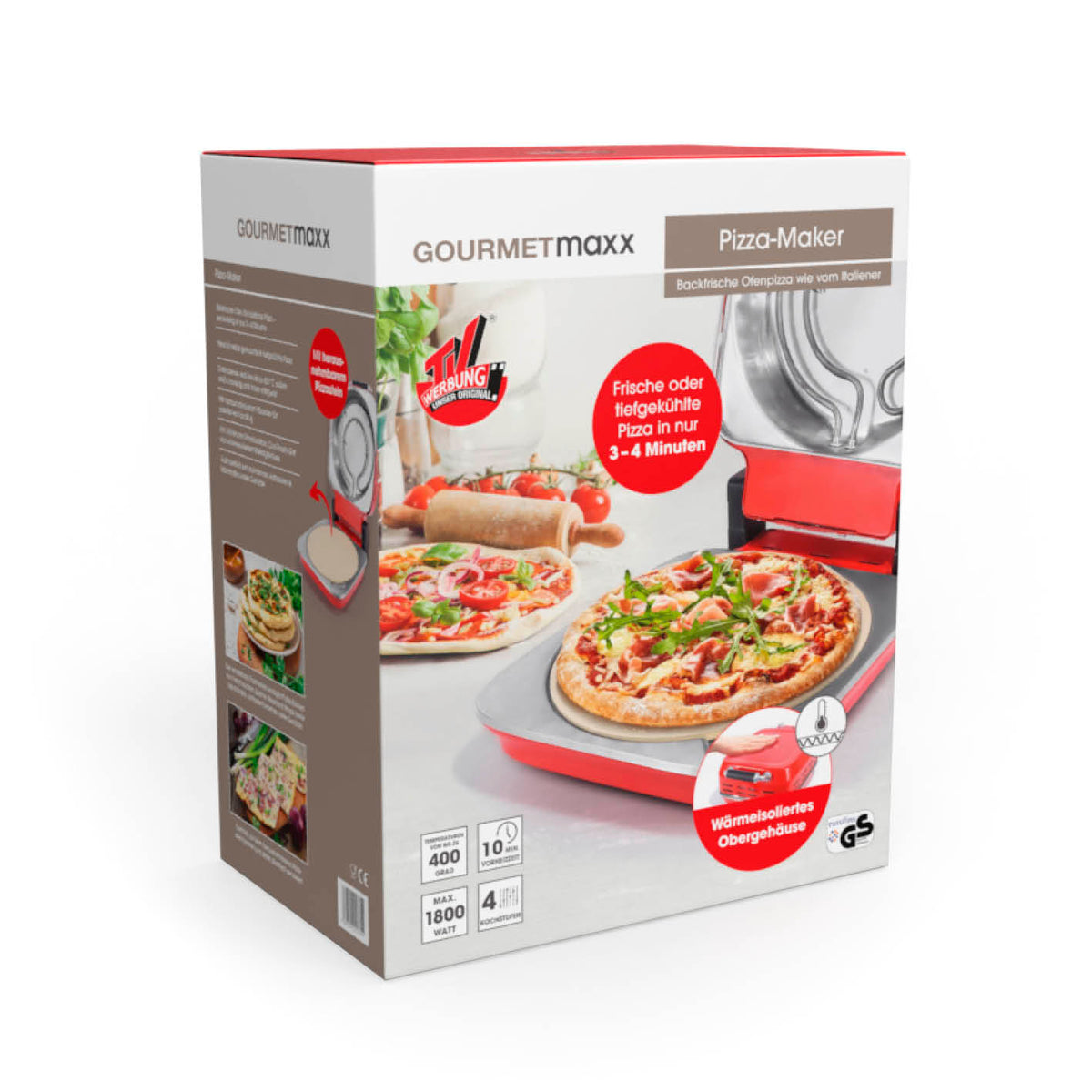 Elektro-Pizzaofen inkl. Pizzastein für knusprige Pizza in 3–4 Minuten, mit 30-Minuten-Timer und wärmeisoliertem Metallgehäuse.