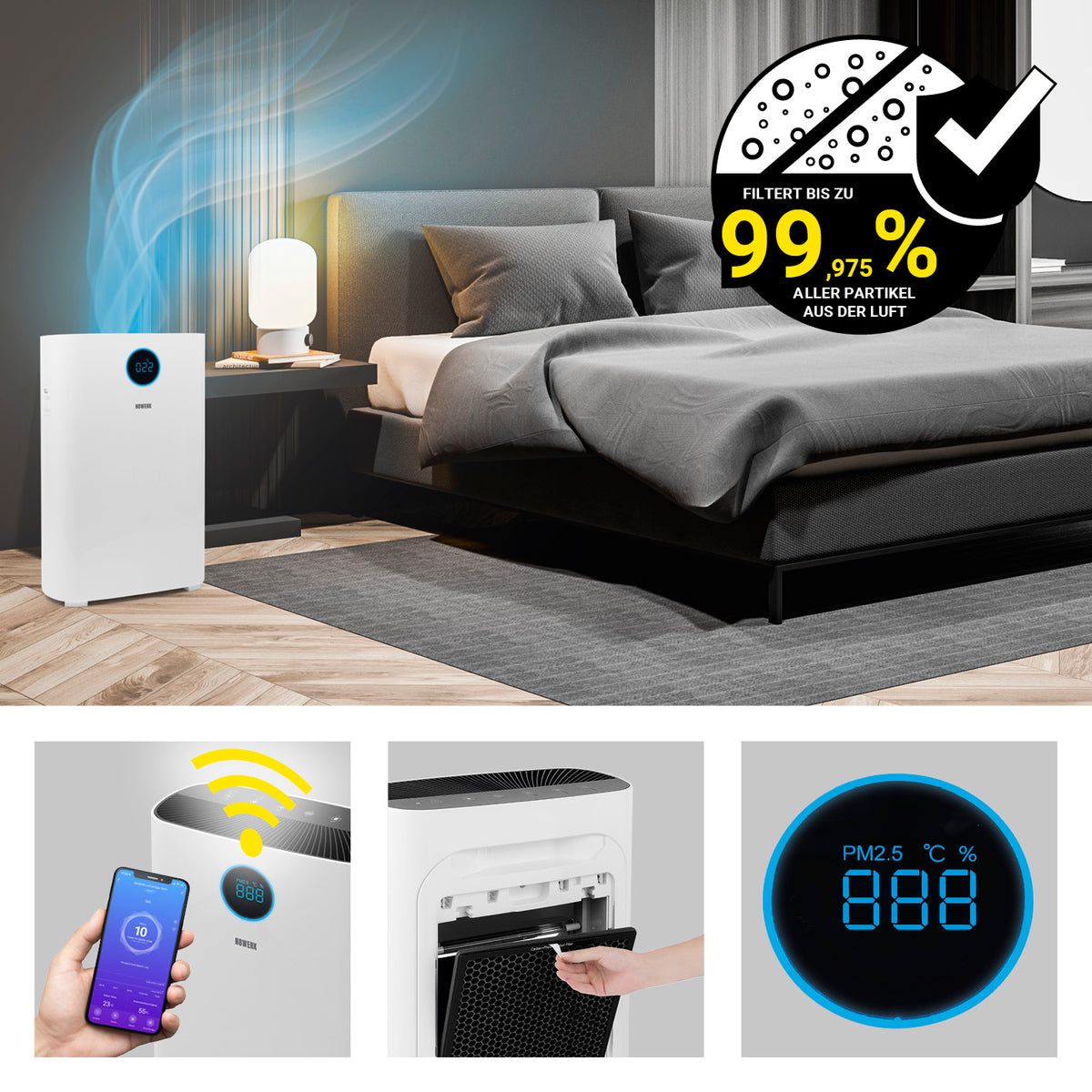 Luftreiniger M - HEPA H14 mit 6-fach-Filtersystem, Wifi-Steuerung, PM2.5 Anzeige, ideal für Allergiker in modernem Schlafzimmer.