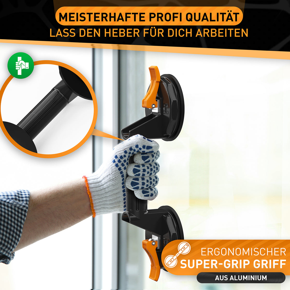 Multifunktionaler Saugheber - 2er Set mit ergonomischem Super-Grip Griff aus Aluminium für sicheres Heben von Glas und Fliesen.