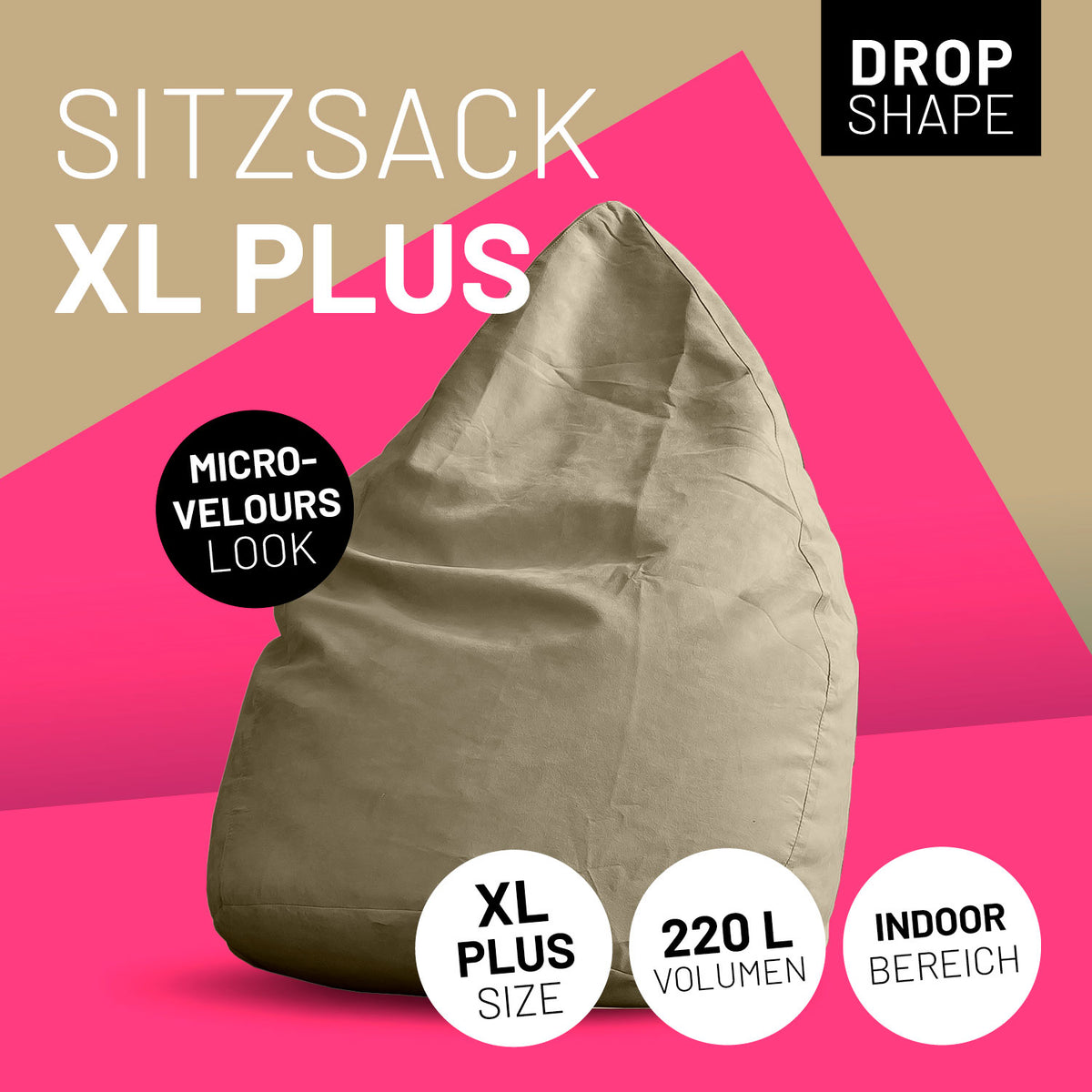 Luxury XL PLUS Sitzsack (220 L) beige im Micro-Velours Look, ideal für den Indoor-Bereich mit 220 Litern Volumen.