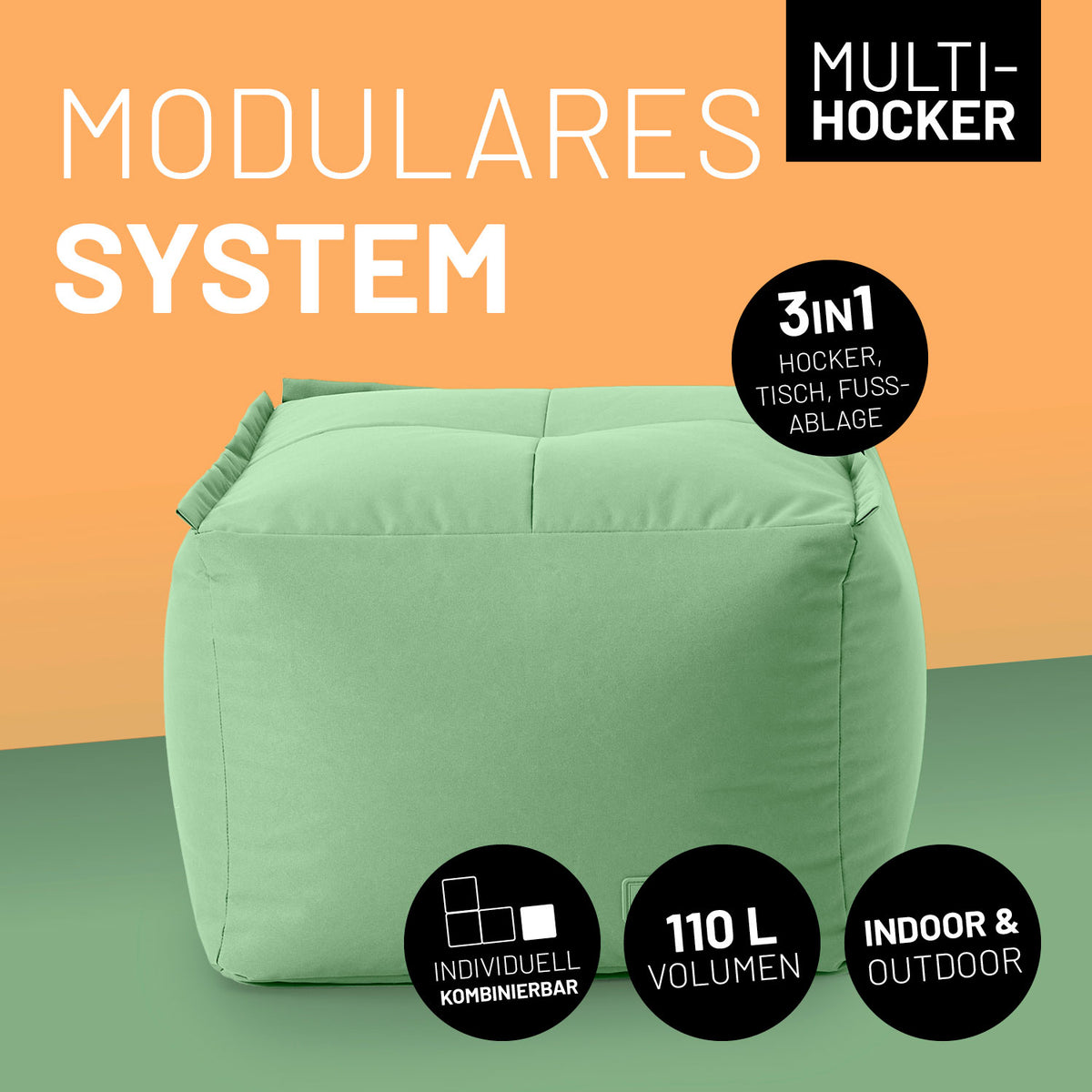 Sitzsack-Hocker (200 L) - Modulares System - indoor & outdoor - Pastell Grün, vielseitig nutzbar als Hocker, Tisch oder Fußablage.