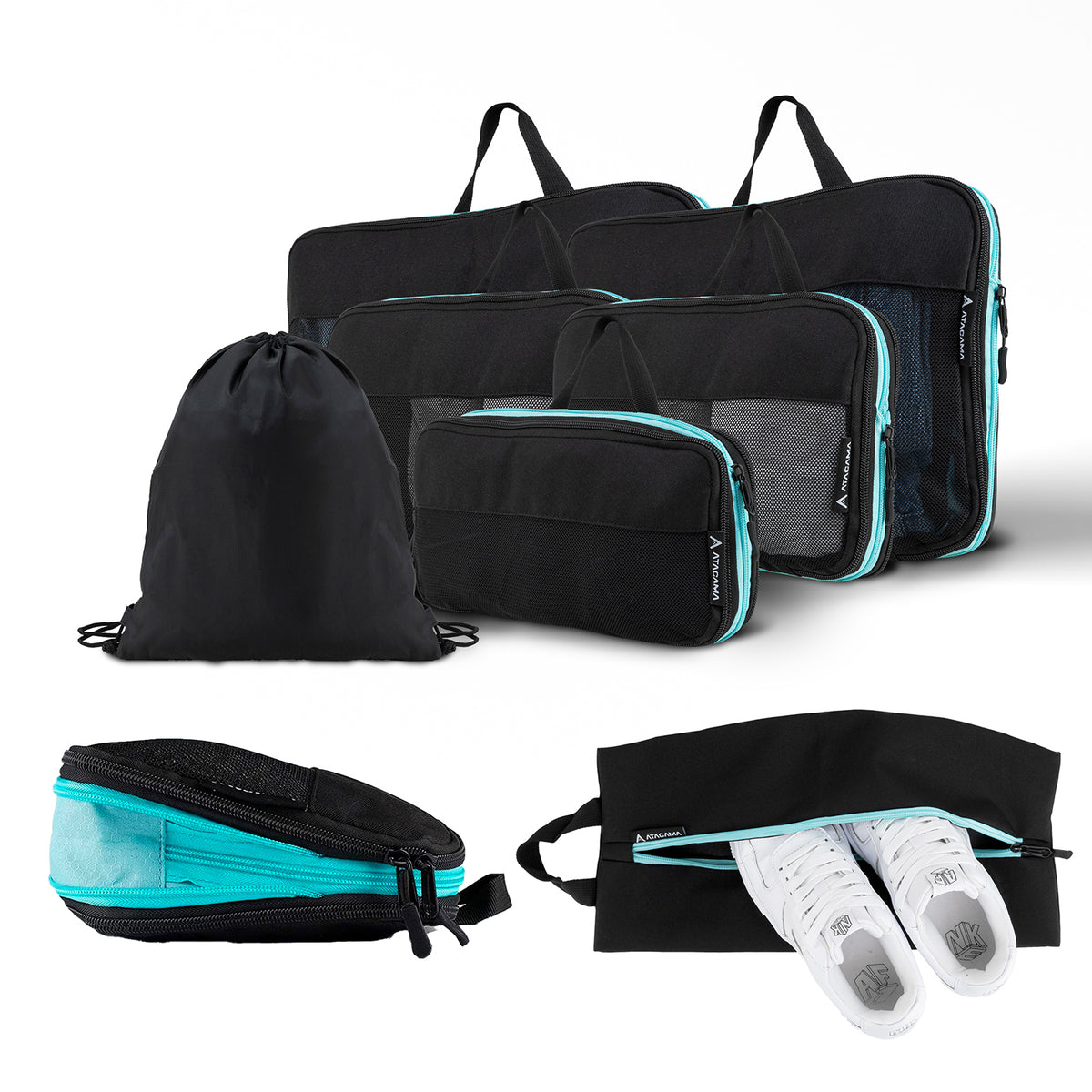 Packtaschen mit Kompression - 8er-Set - Schwarz, leicht, robust, inkl. Nasswäschefach und Kompressionsfunktion für mehr Platz im Gepäck.