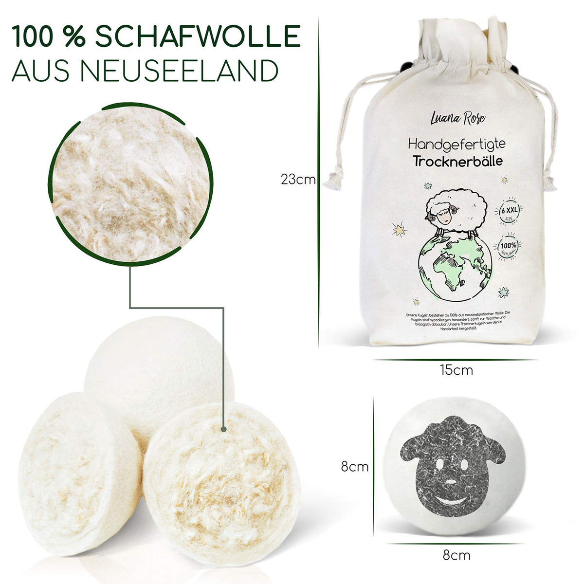 Trocknerbälle für Wäschetrockner - 6er-Set - Schafwolle aus Neuseeland, handgefertigt, hypoallergen und umweltfreundlich in Beutel.
