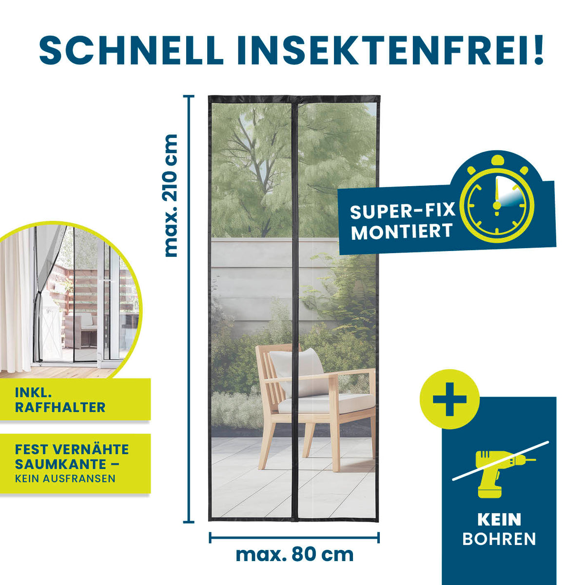 Insektenschutzvorhang - mit XXL-Magnetbändern - 80 x 210 cm, luftdurchlässig, selbstklebend, kein Bohren, schützt vor Insekten.