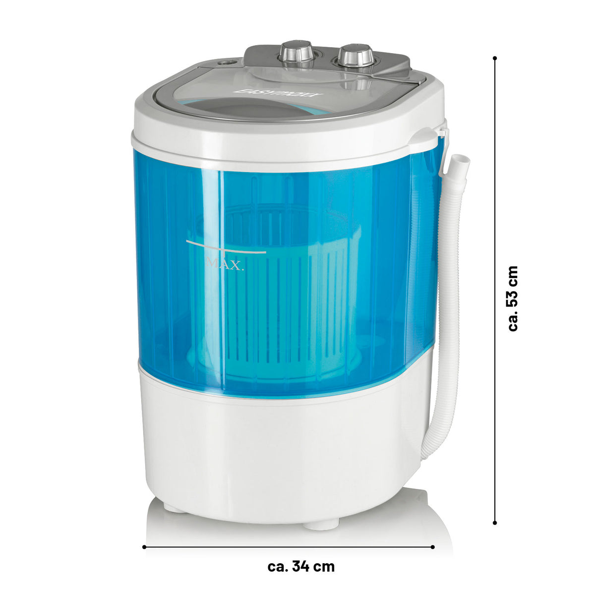Mini-Waschmaschine - 260 Watt - weiß/blau, kompakt, 3 kg Kapazität, Wasch- und Schleudertimer, ideal für Reisen und Camping, leicht transportierbar.